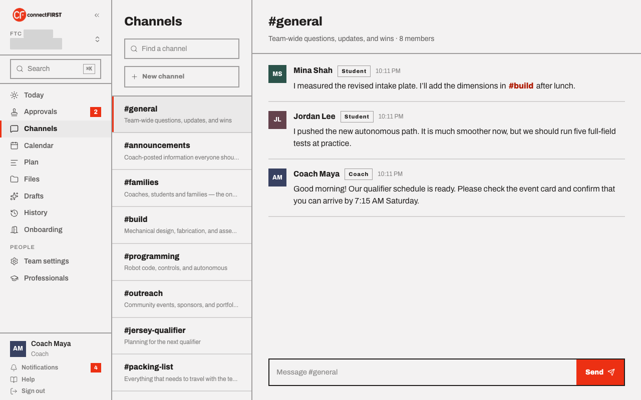 The #general channel: the channel list, a few messages, and the composer at the bottom