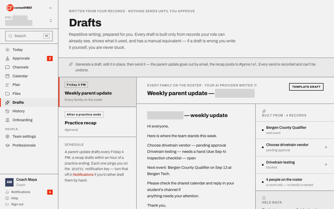 A generated weekly parent update, with its sources and what was held back shown on the right