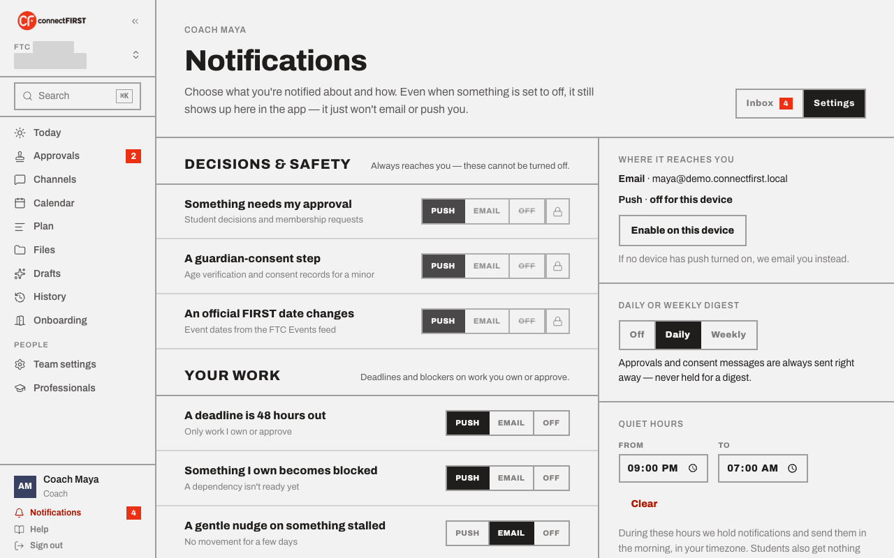 Notification settings: per-event Push/Email/Off toggles, quiet hours, and a digest choice