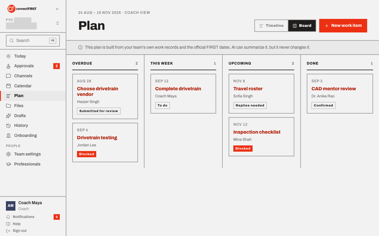 The Plan board with two work items in the Upcoming column