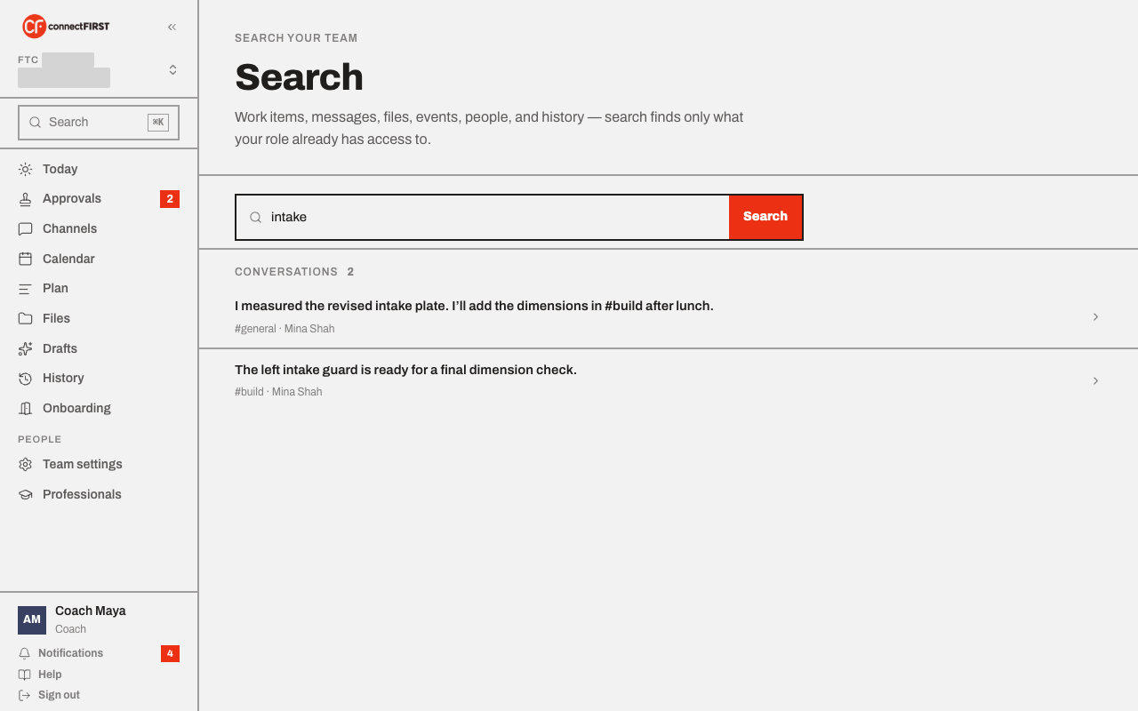 A full-page search for "intake", with the matching channel messages grouped under Conversations