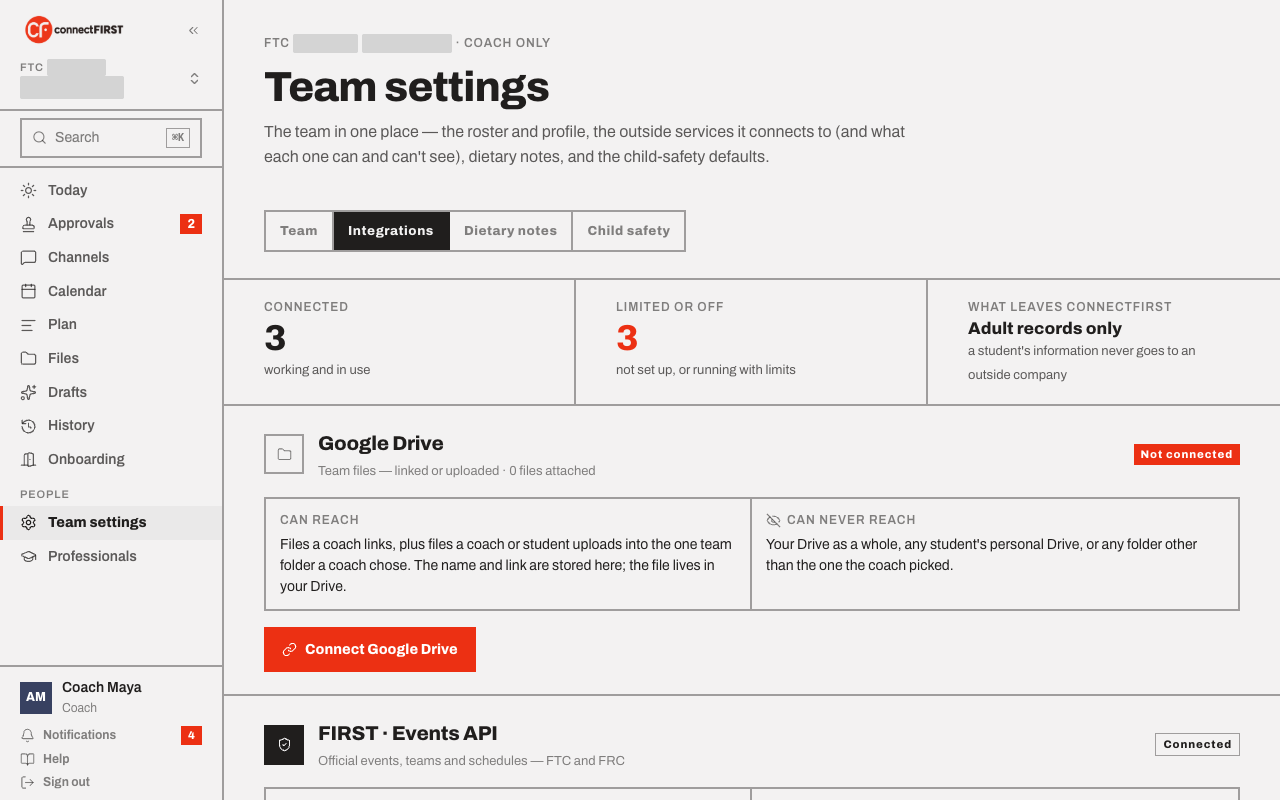 The Integrations tab: Google Drive not connected, FIRST Events API connected, with what each can and can't reach
