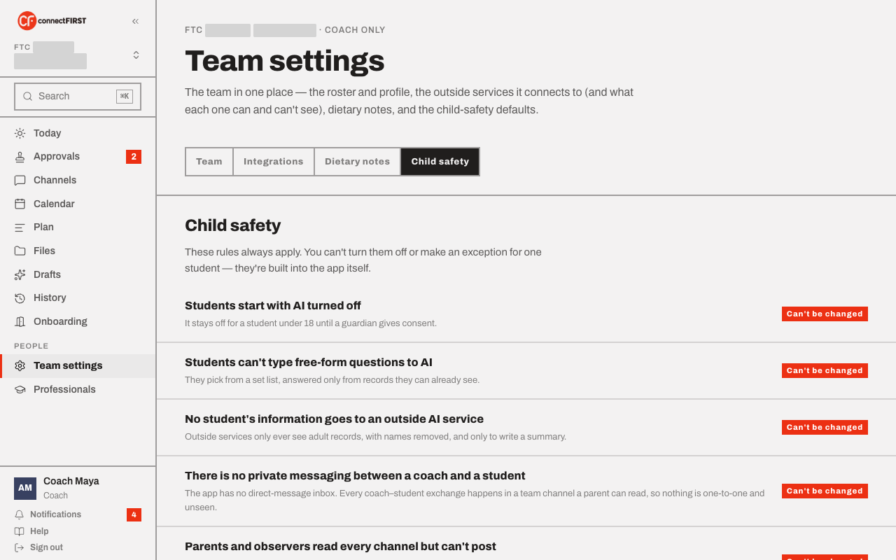 The Child safety tab: the fixed rules, each marked Can't be changed
