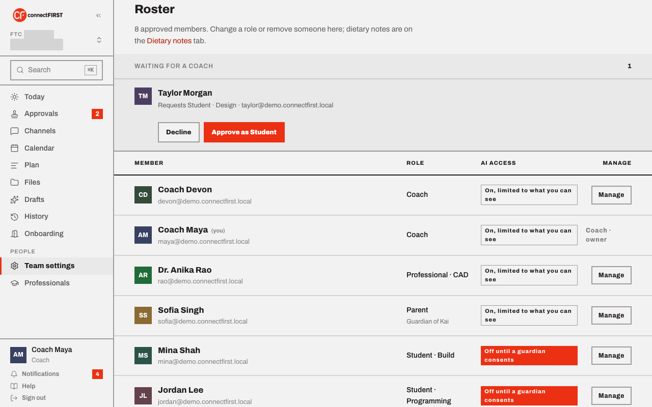The roster inside Team settings: a pending join request, then every member with their role and AI access